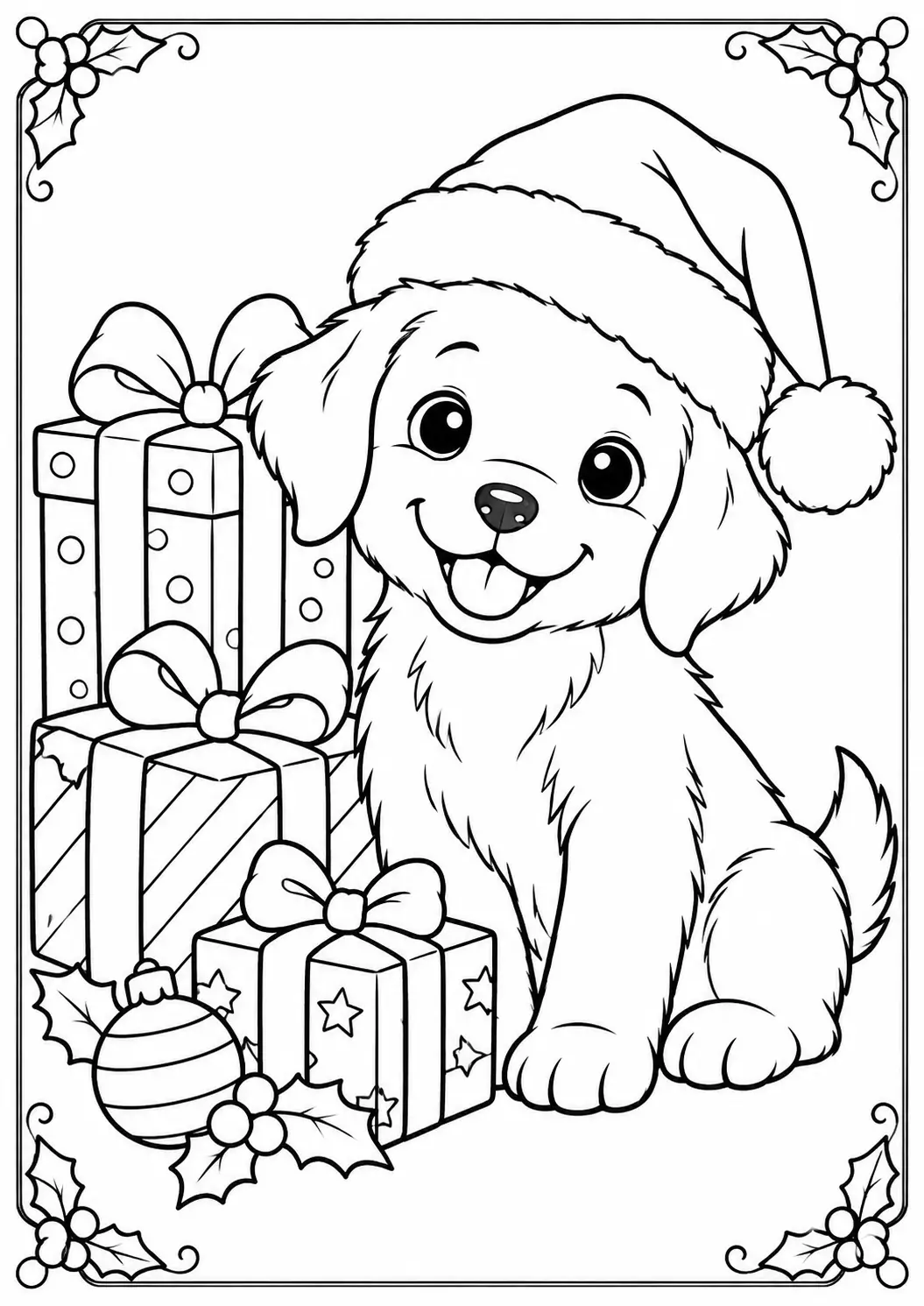 Christmas coloring page of a puppy wearing a Santa hat beside wrapped presents