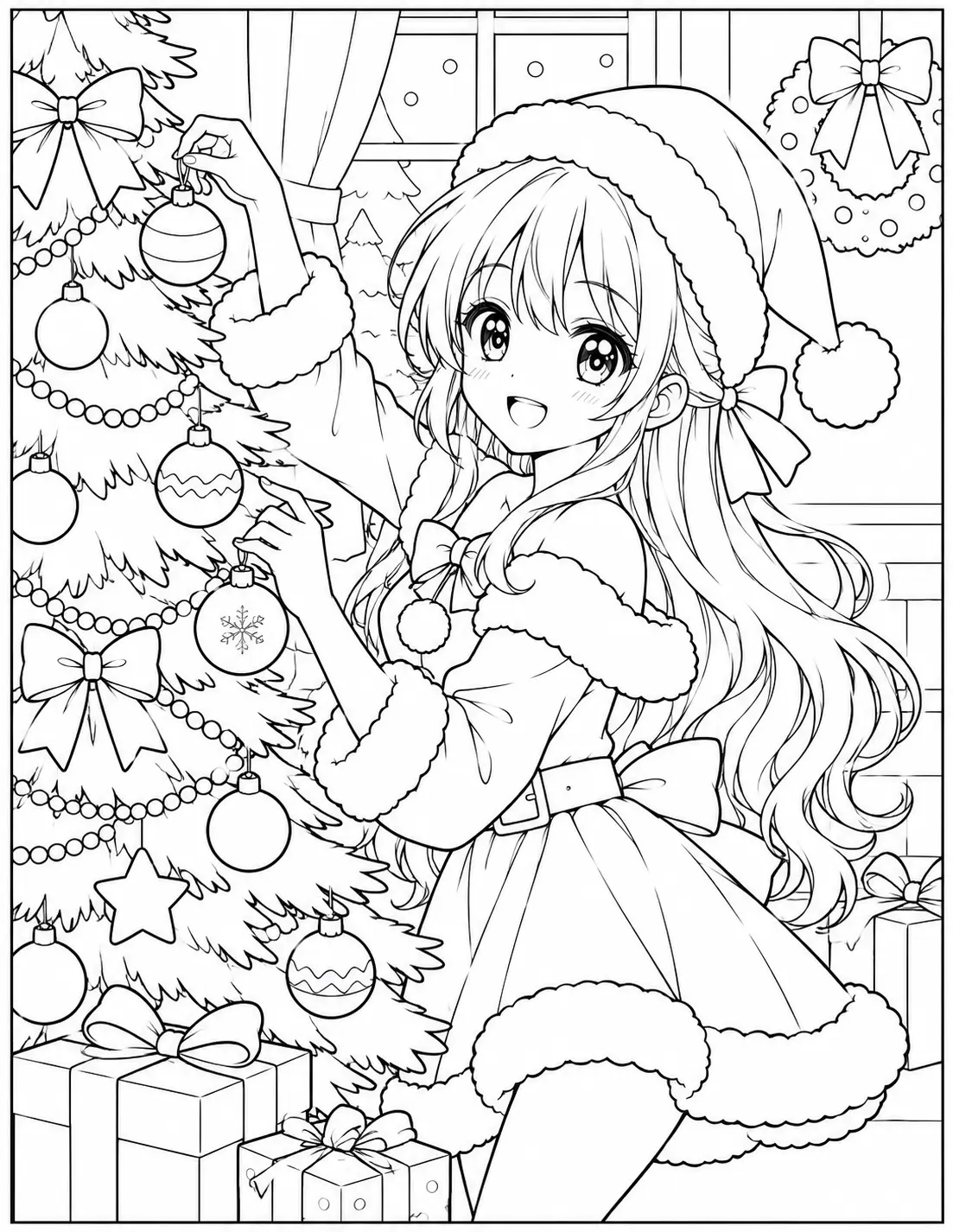 Anime girl decorating a Christmas tree with hanging ornaments coloring page