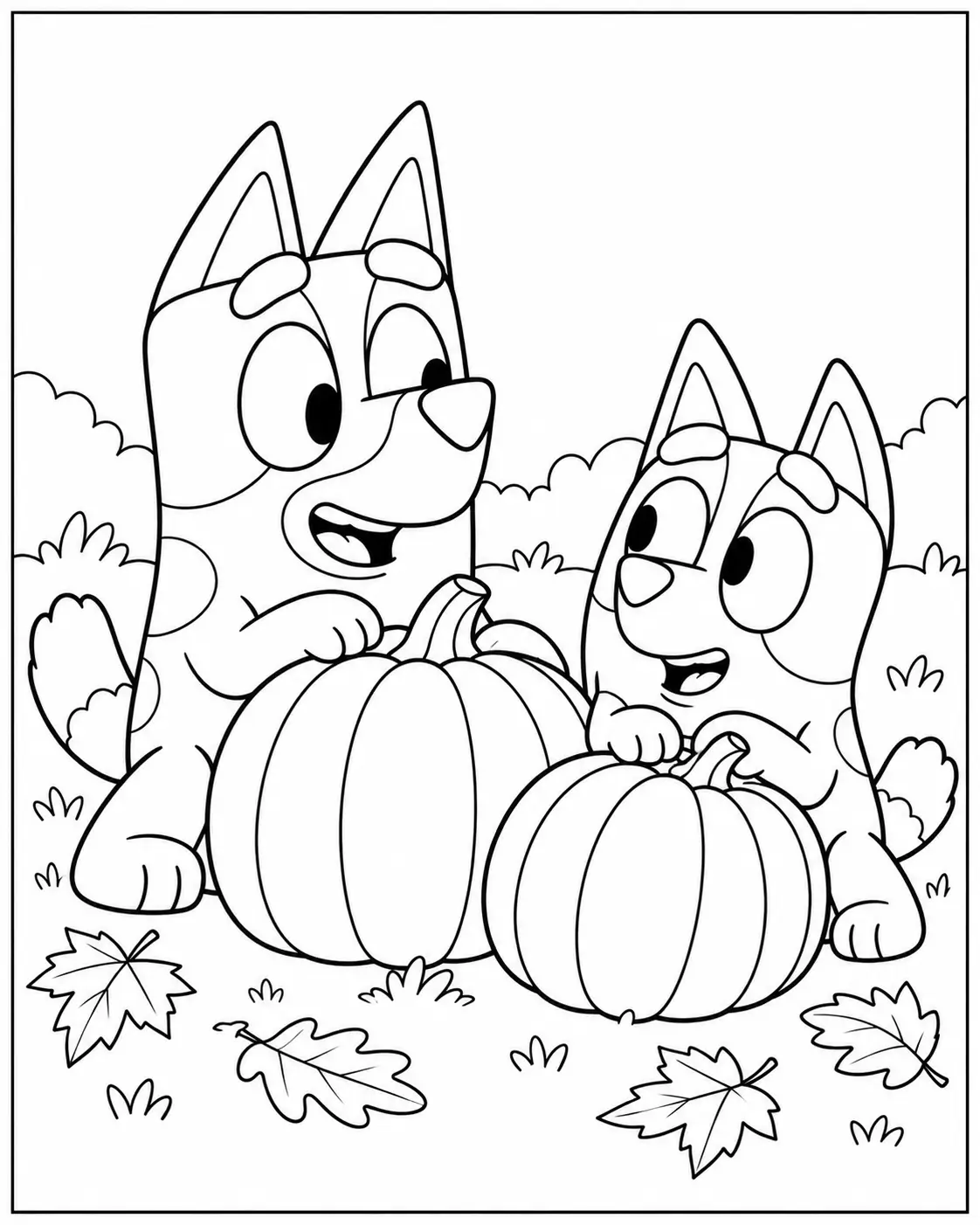 Bluey and Bingo with pumpkins coloring page