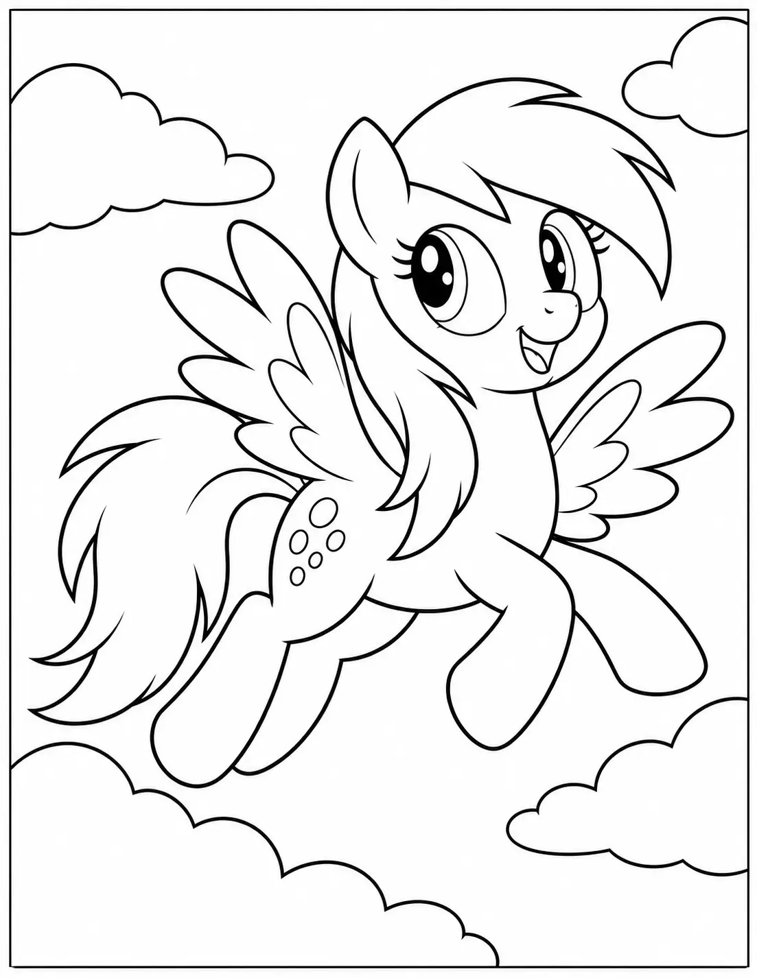Derpy Hooves flying in the sky with clouds coloring page