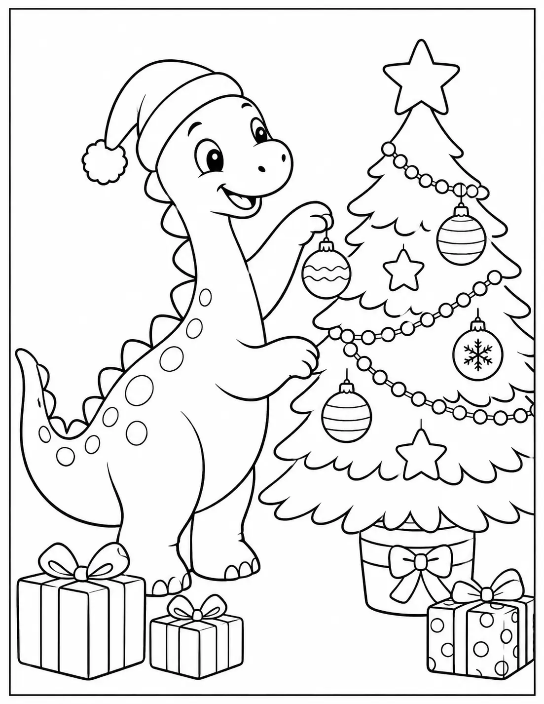 Friendly dinosaur hanging ornaments on a decorated Christmas tree coloring page