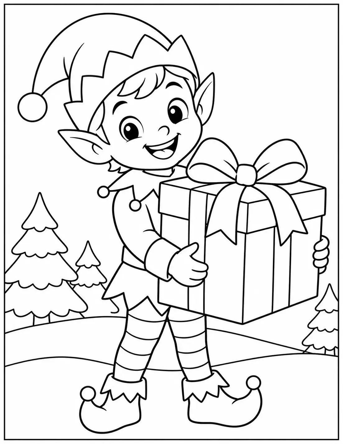Happy Christmas elf holding a large wrapped gift with a bow coloring page