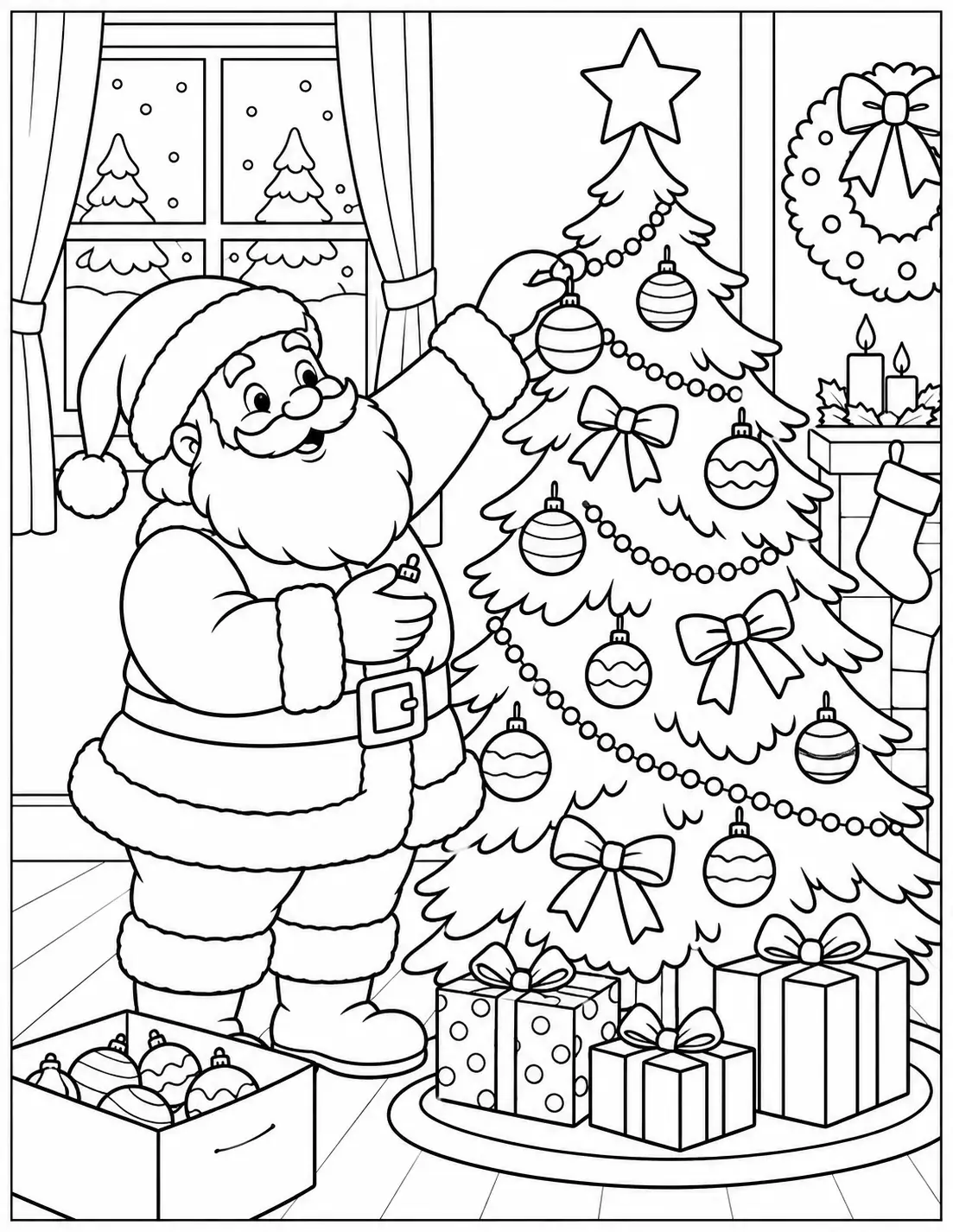 Santa Claus hanging an ornament on a decorated Christmas tree coloring page