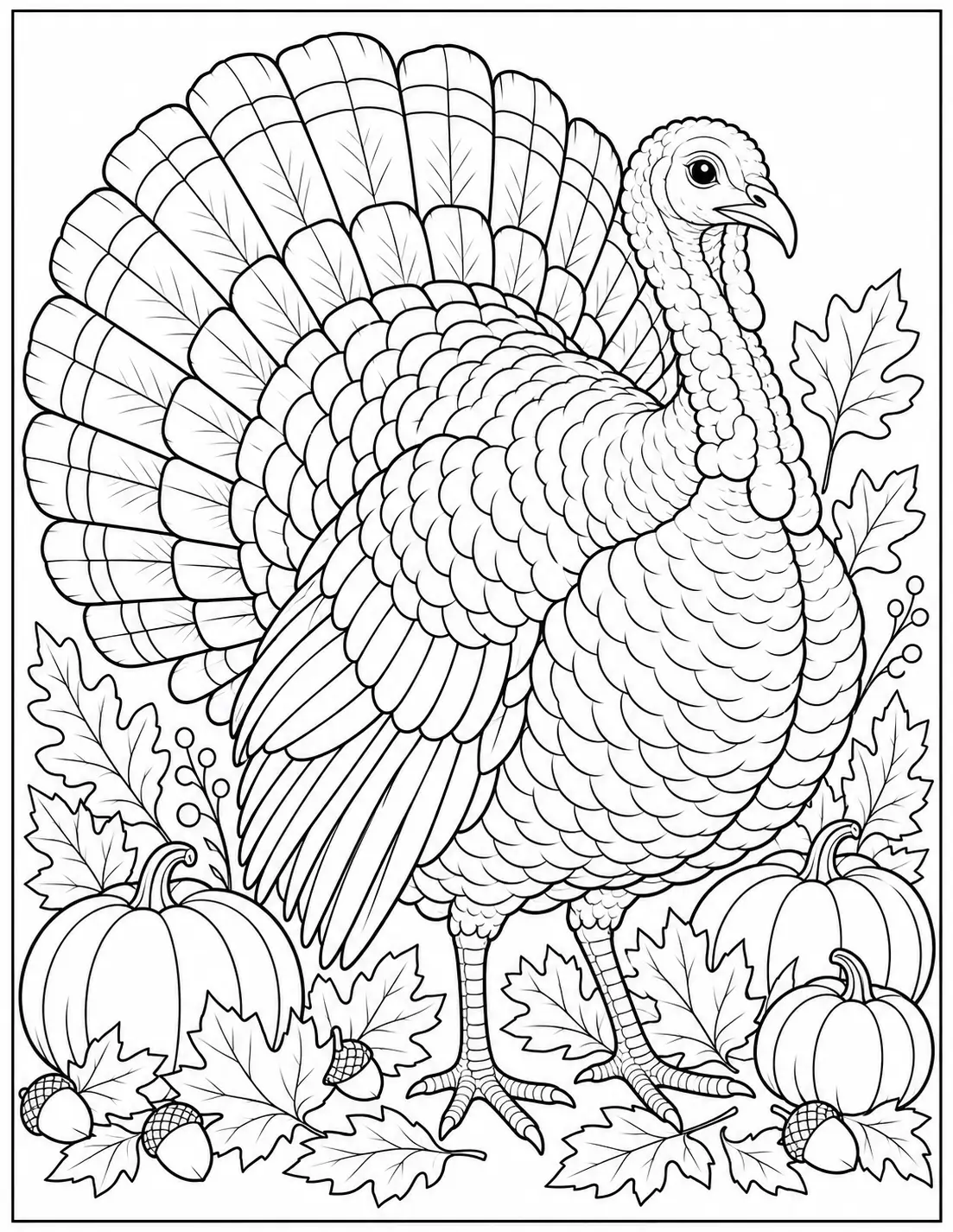 Turkey with fall leaves adult Thanksgiving coloring page