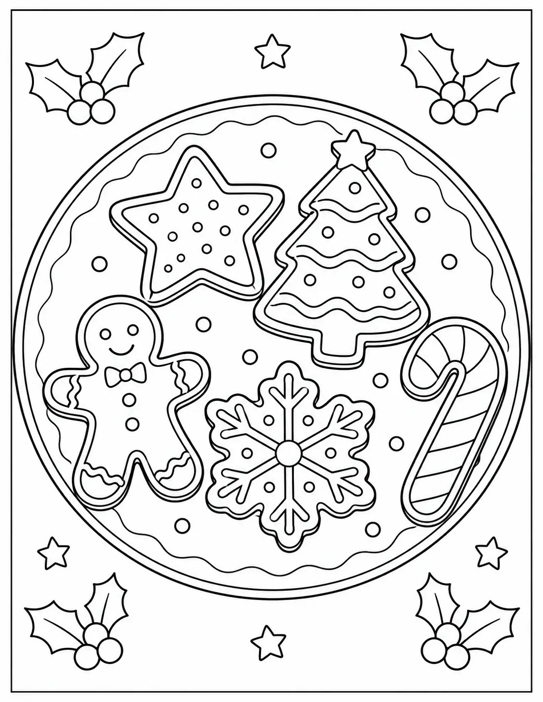 Plate of Christmas cookies shaped like stars, trees and gingerbread coloring page