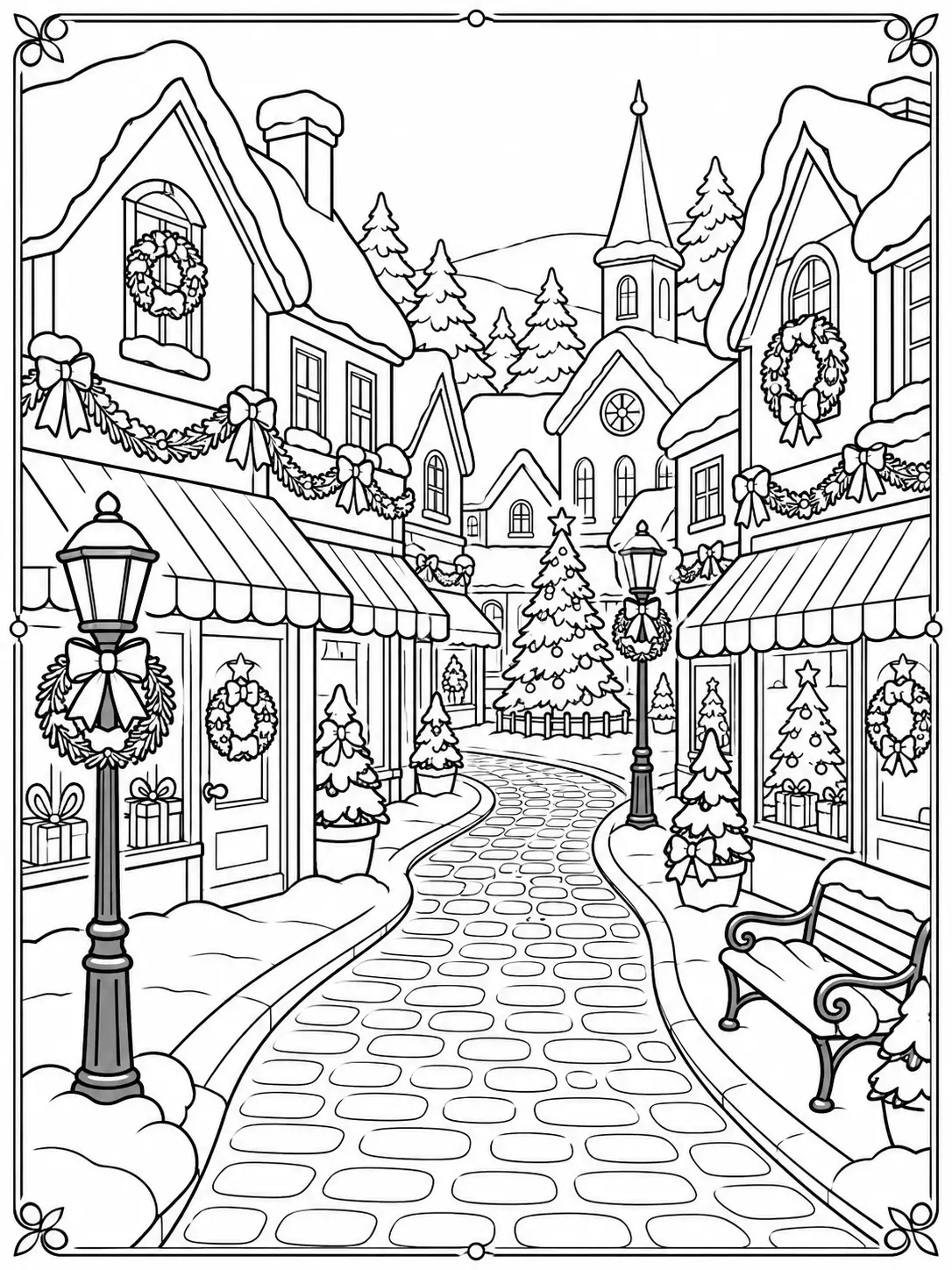 Christmas village main street with snowy shops, wreaths, garlands, and streetlamps