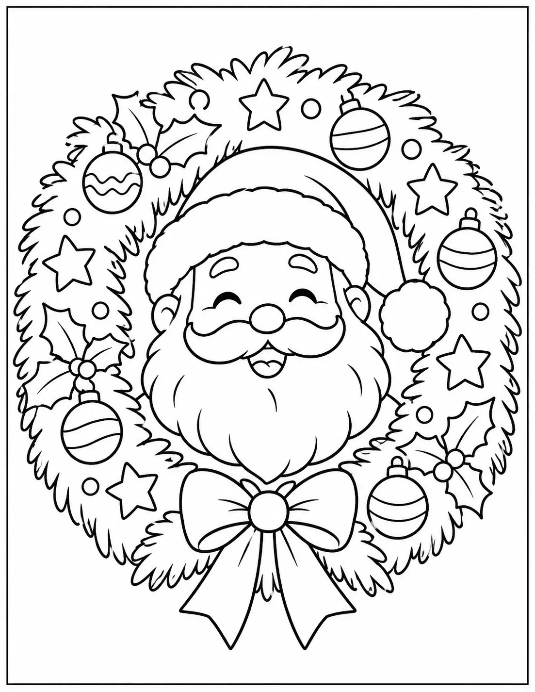 Smiling Santa Claus inside a Christmas wreath coloring page