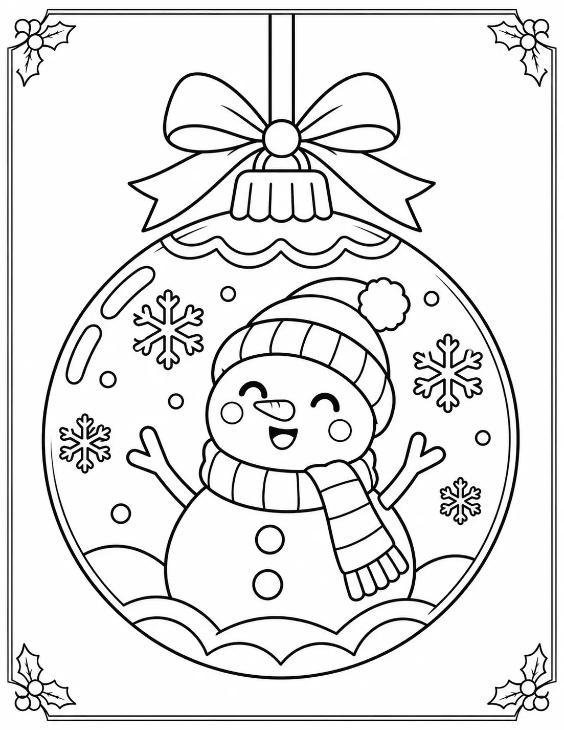 Smiling snowman wearing a winter hat and scarf inside a Christmas ornament coloring page