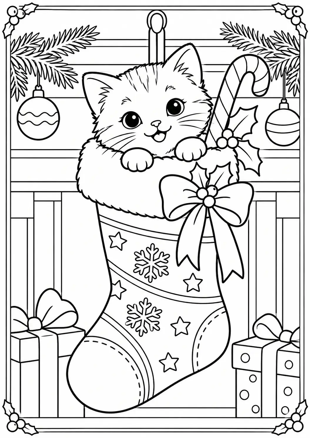 Kitten peeking out of a Christmas stocking with a bow and candy cane coloring page
