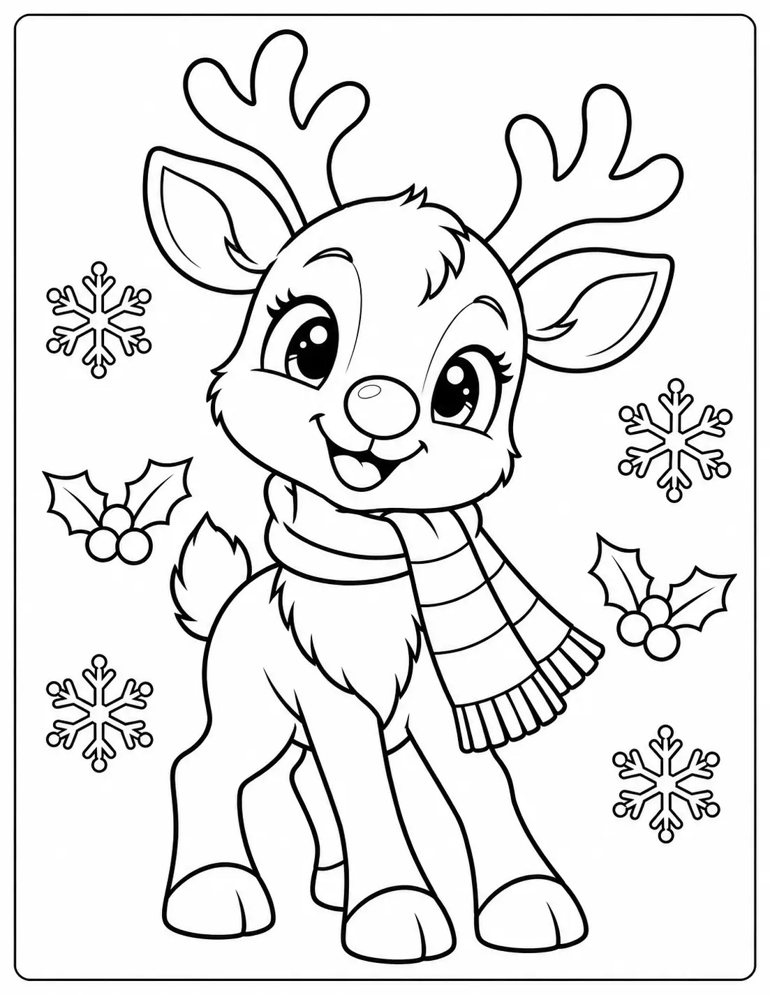 Rudolph the red-nosed reindeer wearing a scarf, printable Christmas coloring page