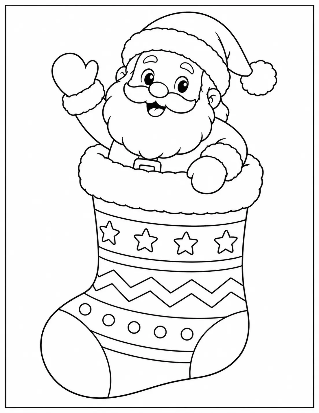 Santa Claus smiling and waving from inside a Christmas stocking coloring sheet