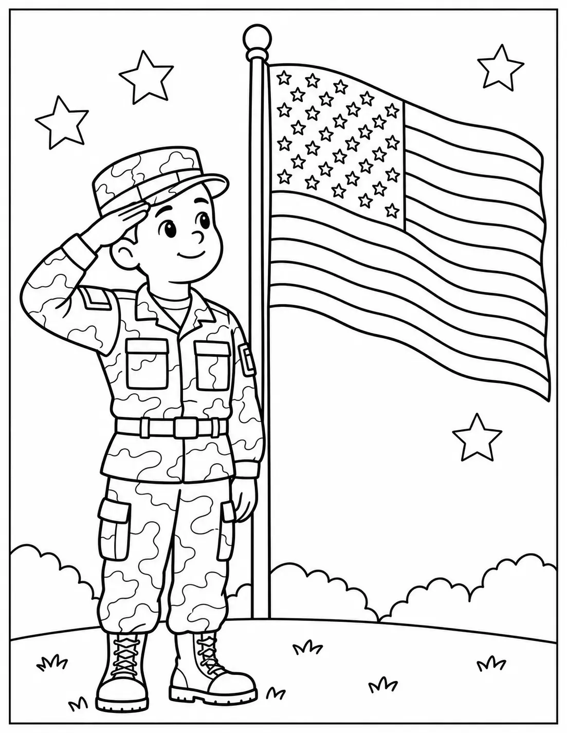 Smiling soldier saluting beside the American flag, printable Veterans Day coloring page