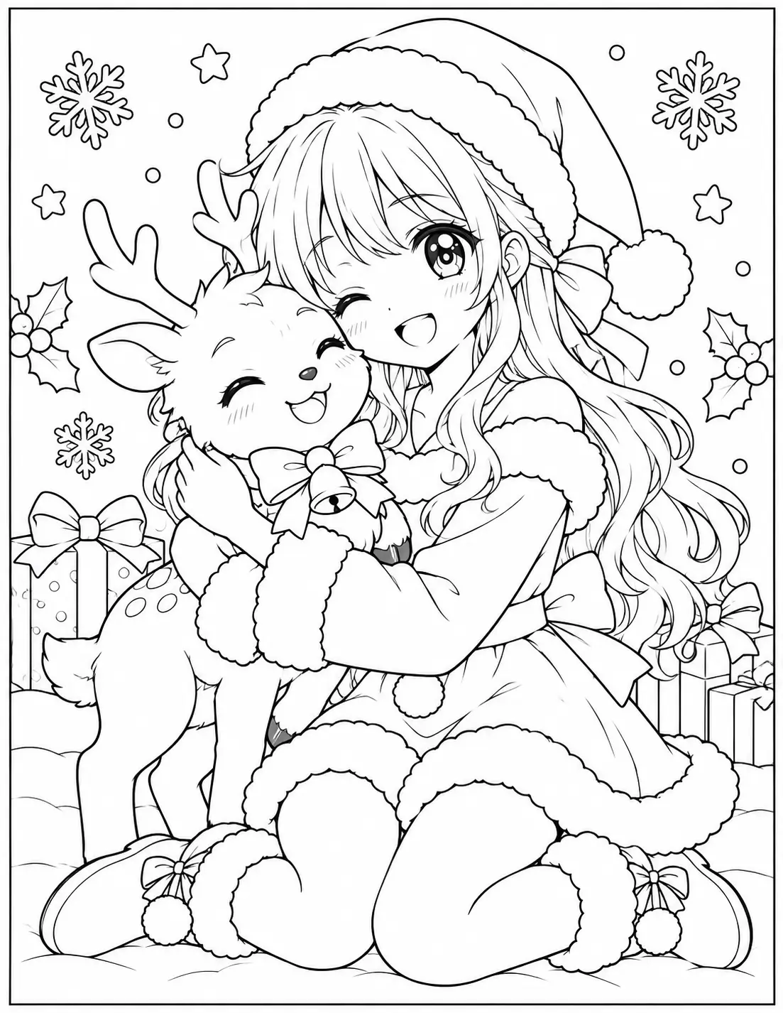 Cute anime girl hugging a smiling baby reindeer coloring page