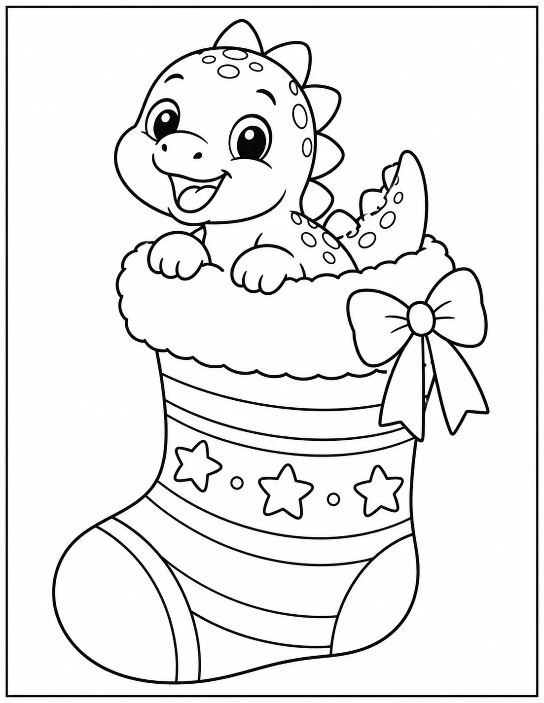 Smiling baby dinosaur peeking out of a decorated Christmas stocking coloring page