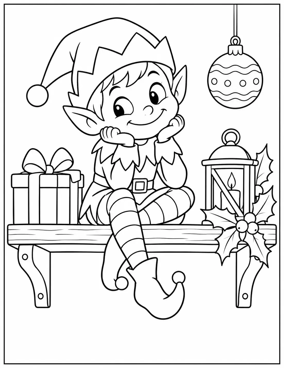 Playful Christmas elf sitting on a shelf beside a gift and lantern coloring page