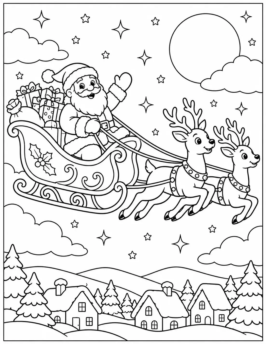 Santa flying in a sleigh pulled by reindeer above a snowy village coloring page