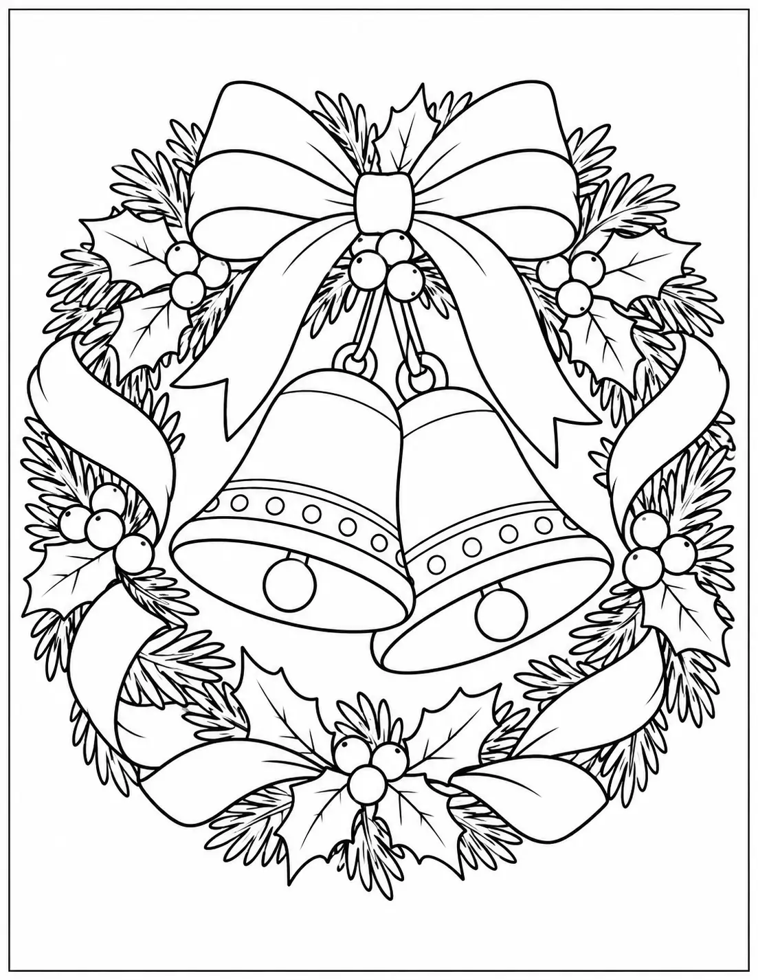 Two Christmas bells hanging inside a festive wreath coloring page