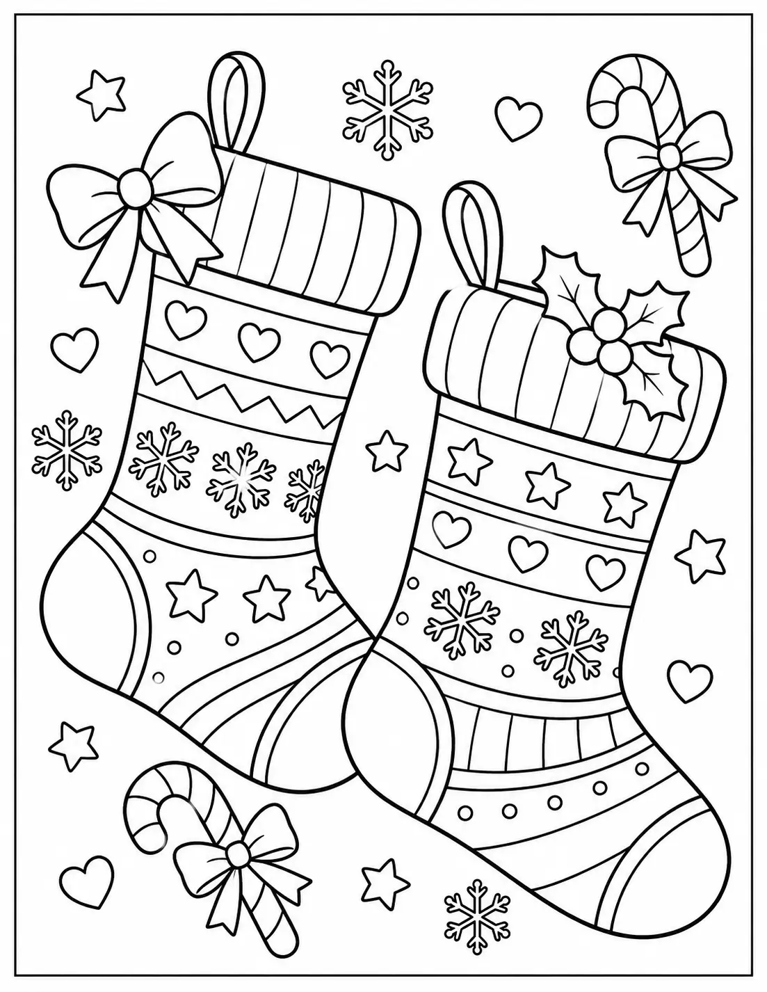 Two patterned Christmas socks decorated with hearts, stars, snowflakes, and bows coloring page