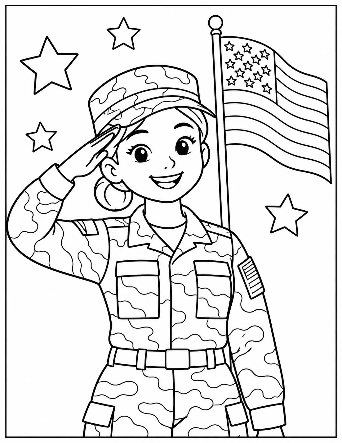 Female veteran in uniform saluting beside an American flag and stars coloring page