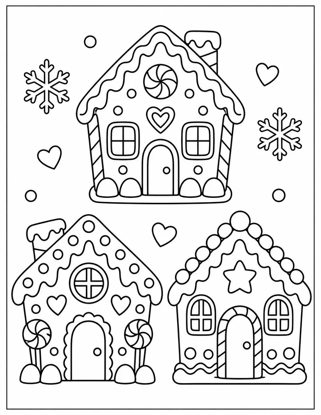 Three decorated gingerbread house cookies coloring page