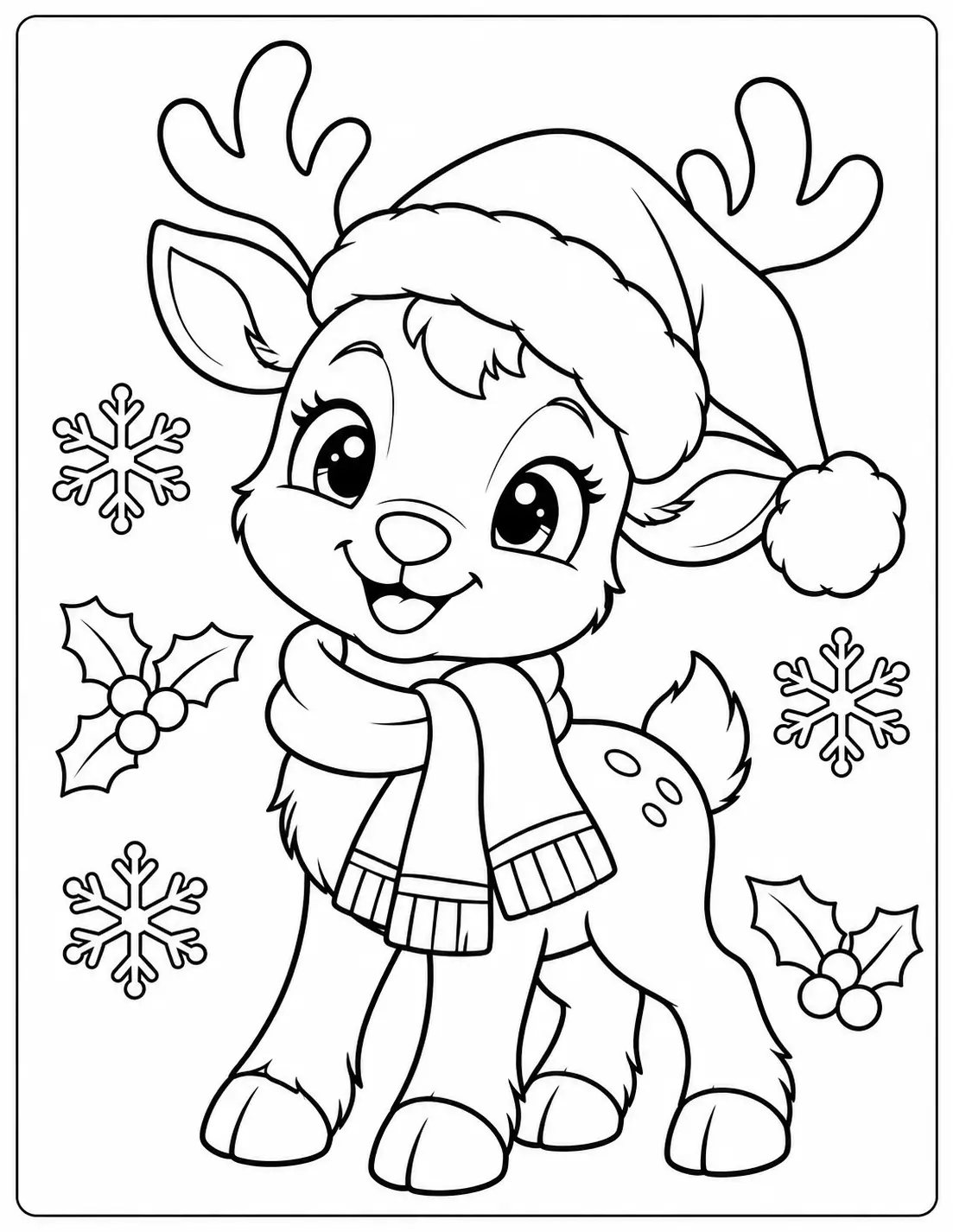 Smiling reindeer wearing a Santa hat and winter scarf coloring sheet