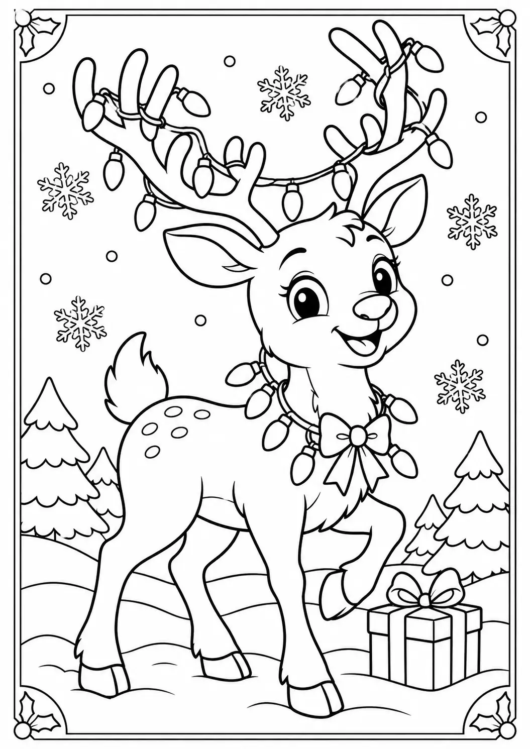 Smiling reindeer with Christmas lights wrapped around its antlers in snow coloring page