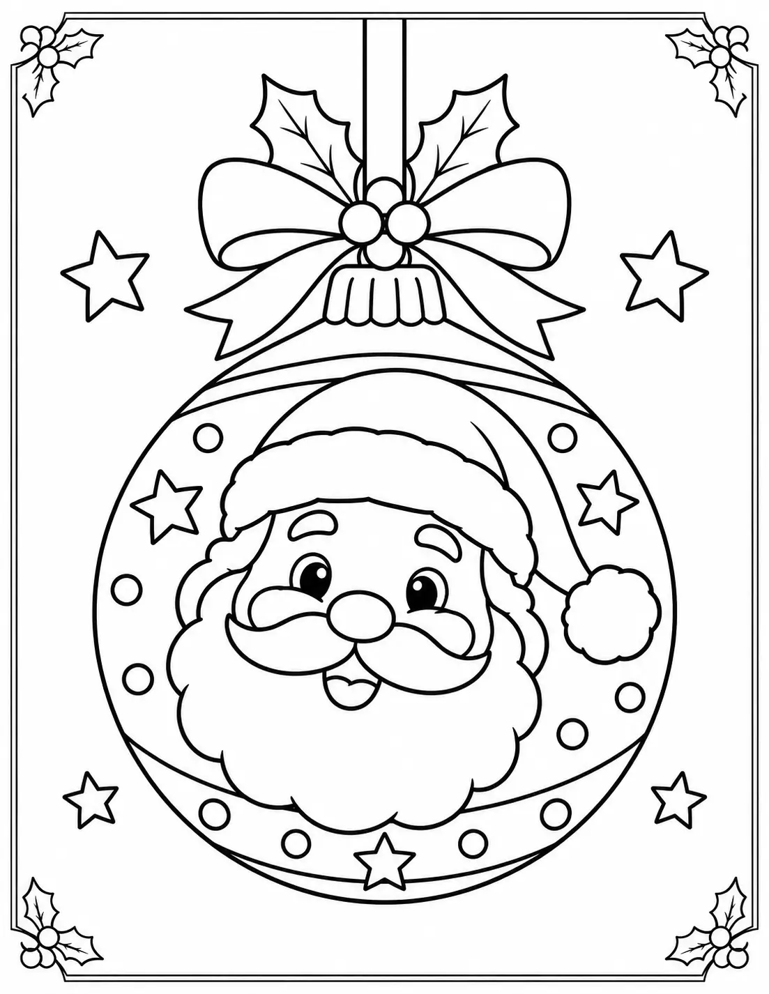 Santa Claus face with hat and beard inside a round Christmas ornament coloring page