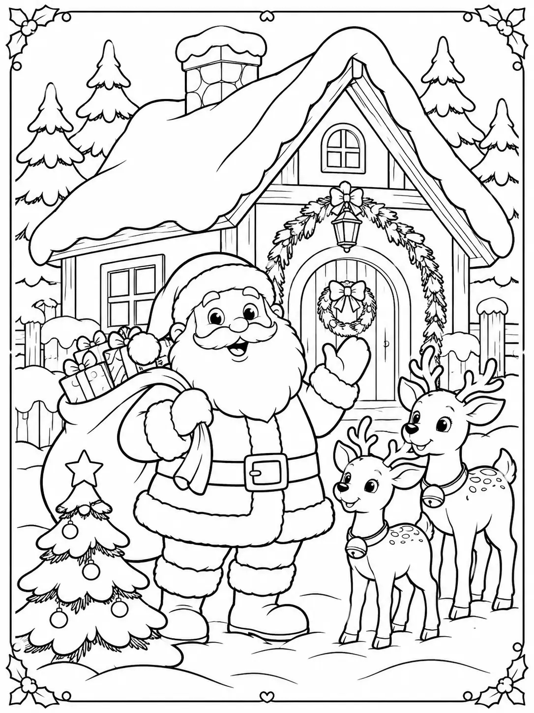 Santa Claus with two reindeer and a sack of gifts outside a snowy Christmas village cottage