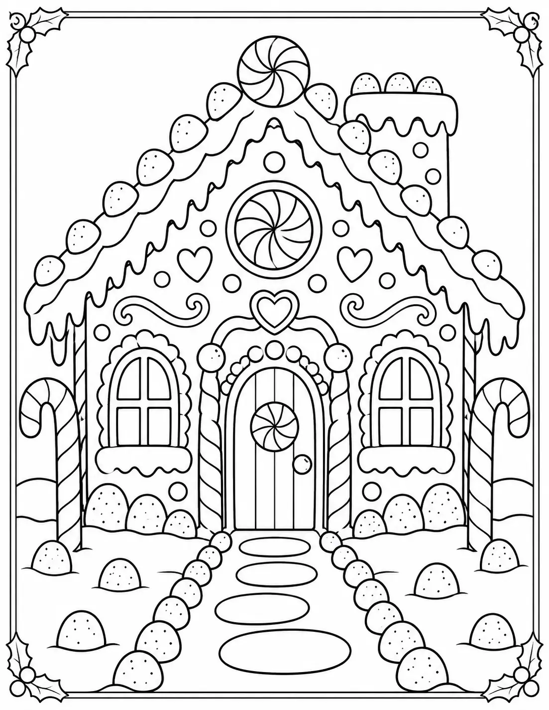 Gingerbread house with candy cane pillars and frosting roof coloring page