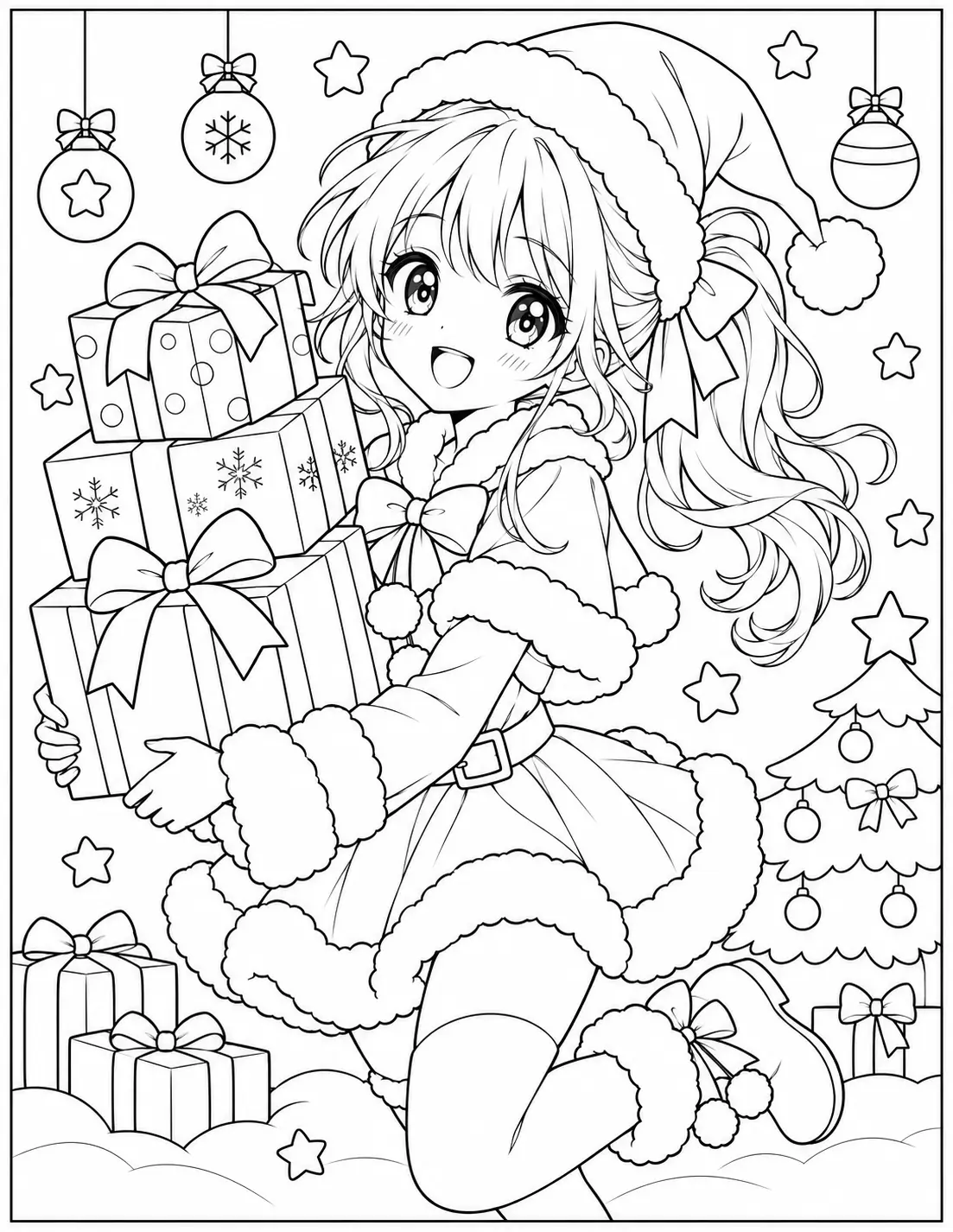 Anime girl carrying a stack of wrapped Christmas presents coloring page
