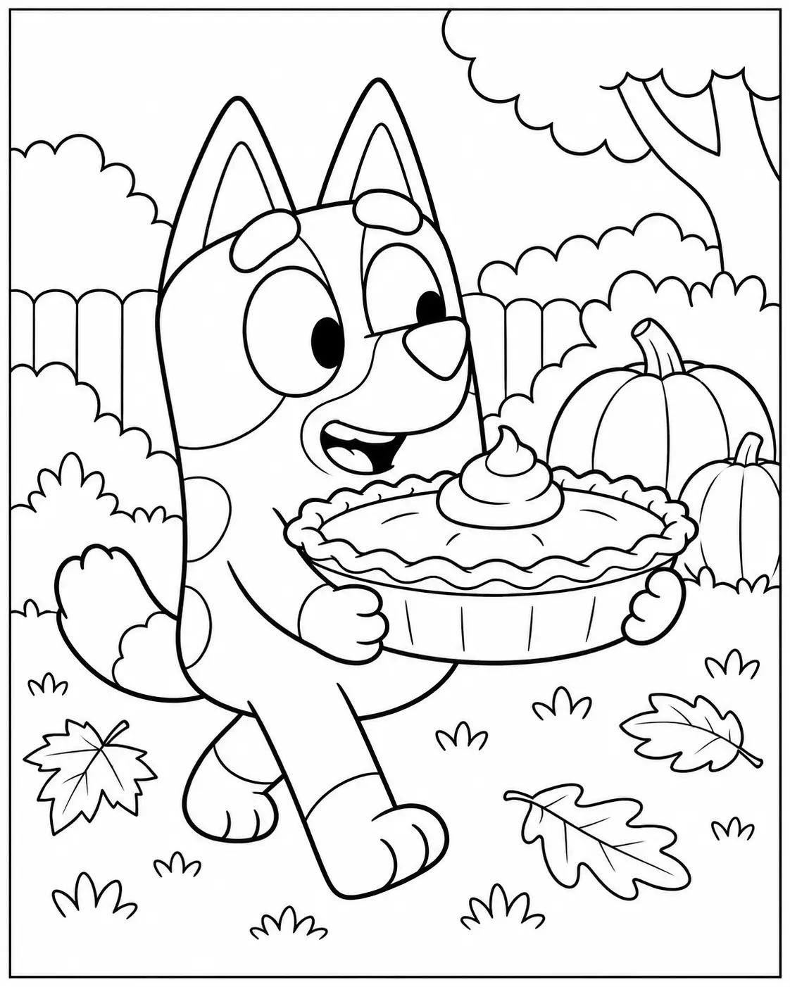 Bingo holding a pumpkin pie coloring page