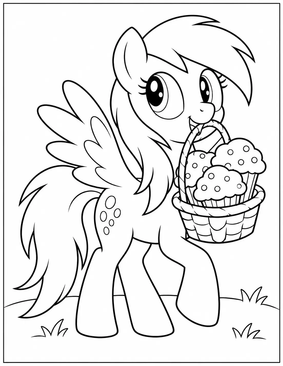 Derpy Hooves carrying a basket of muffins coloring page