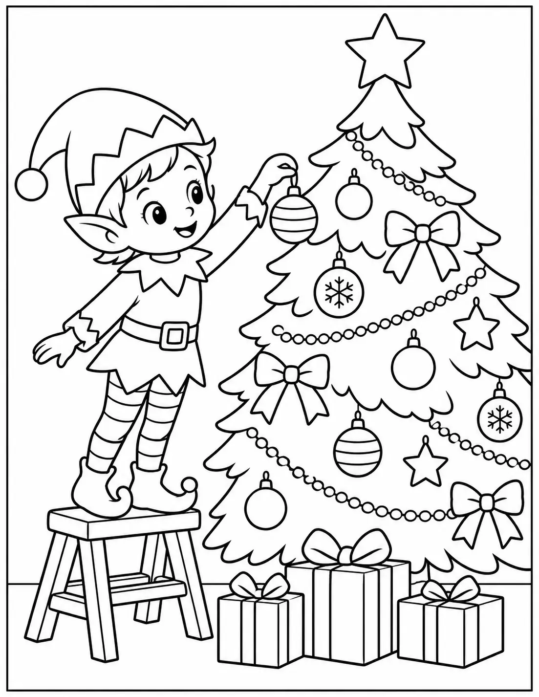 Christmas elf hanging an ornament on a decorated tree coloring page