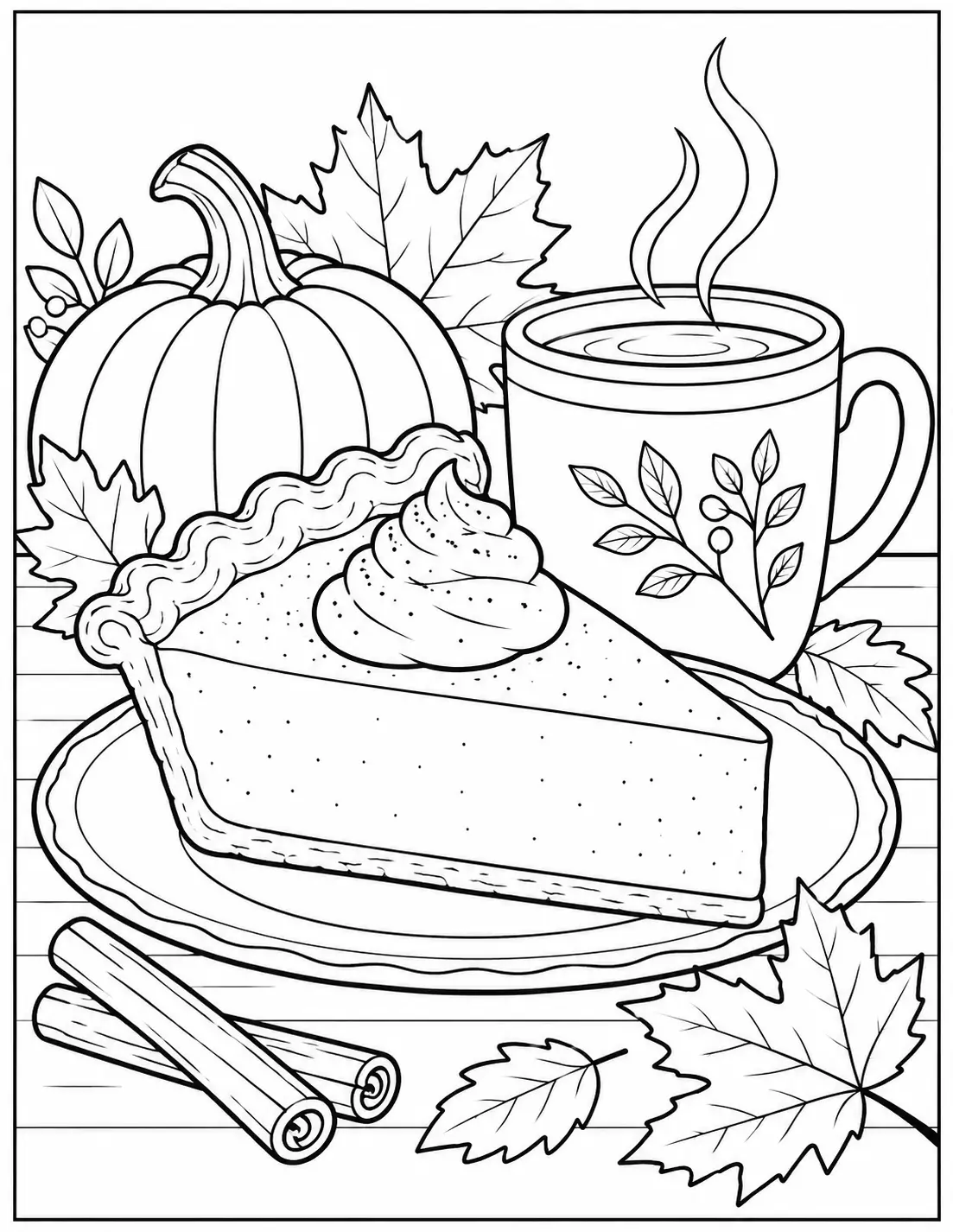 Pumpkin pie and coffee adult Thanksgiving coloring page