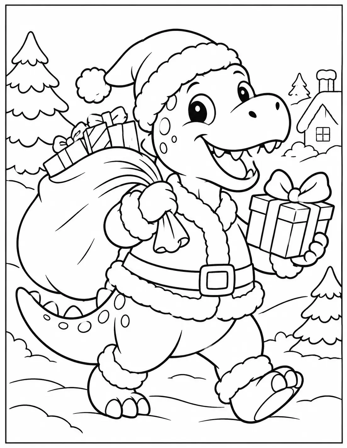Santa dinosaur carrying a sack of presents through a snowy Christmas scene coloring page