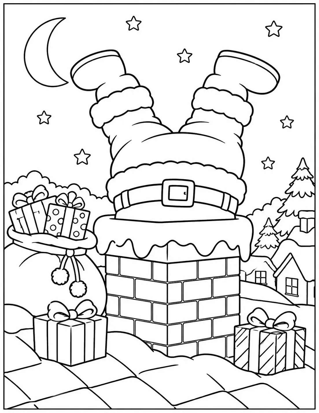 Santa Claus stuck upside down in a snowy brick chimney coloring page