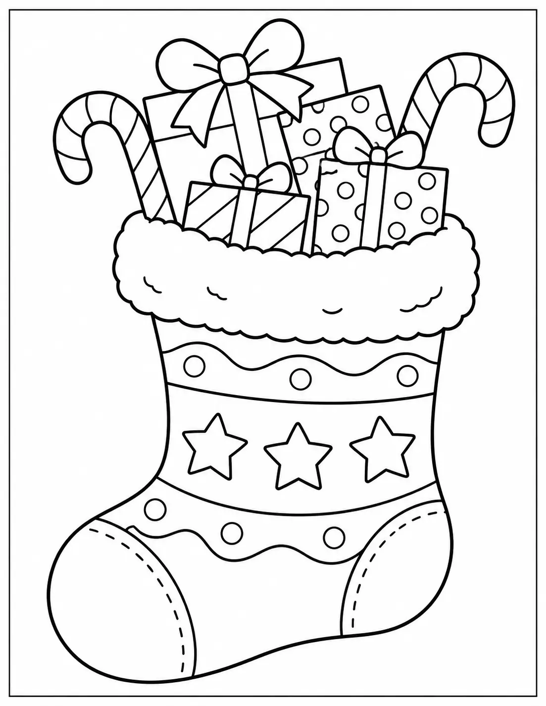 Christmas stocking filled with wrapped gifts and candy canes coloring page