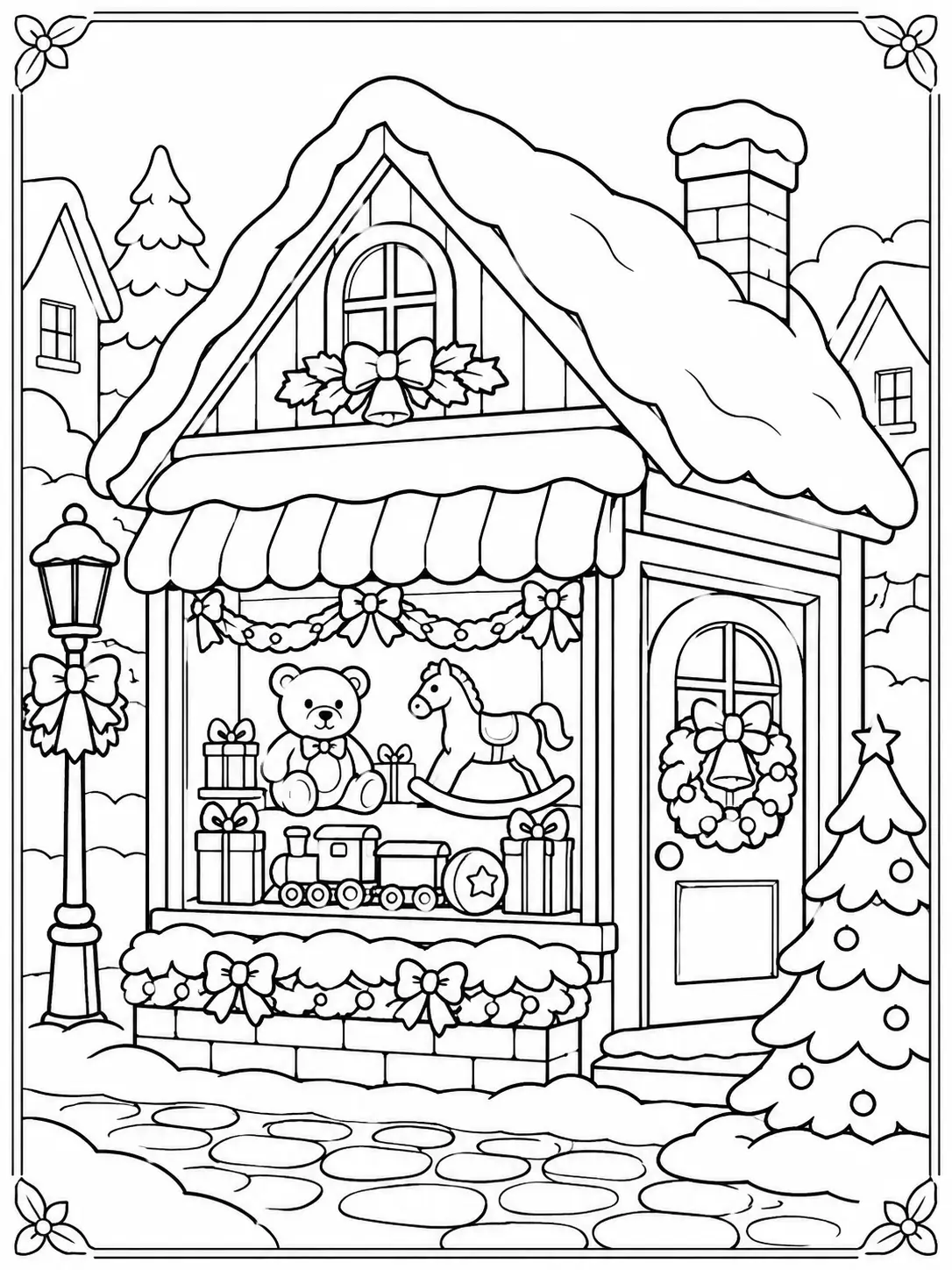 Christmas village toy shop with teddy bear, rocking horse, toy train, and wrapped presents