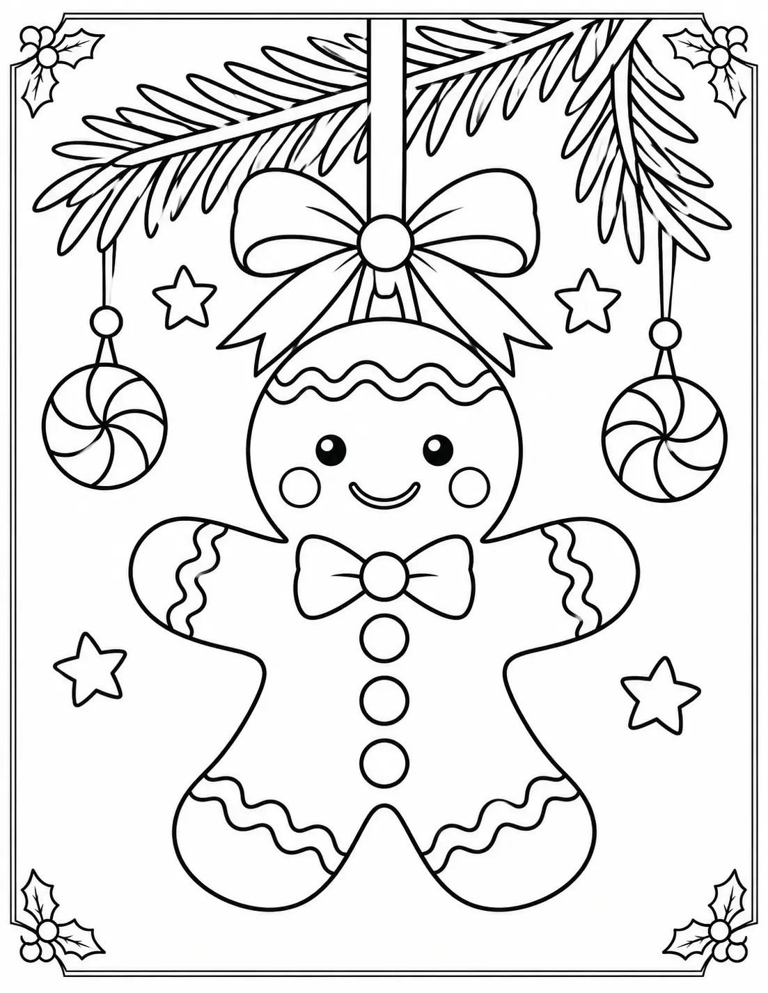 Smiling gingerbread man hanging as a Christmas ornament coloring page