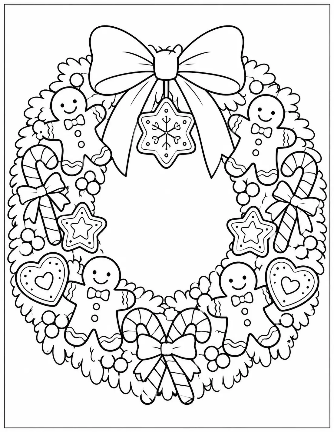 Gingerbread men and candy canes decorating a Christmas wreath coloring page