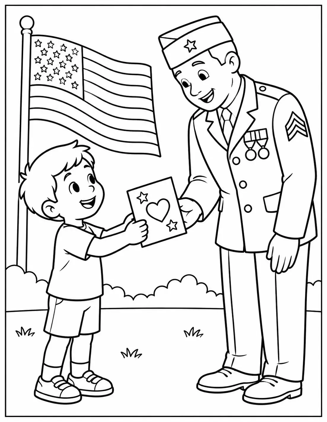 Young boy handing a thank-you card to a smiling veteran, Veterans Day coloring page