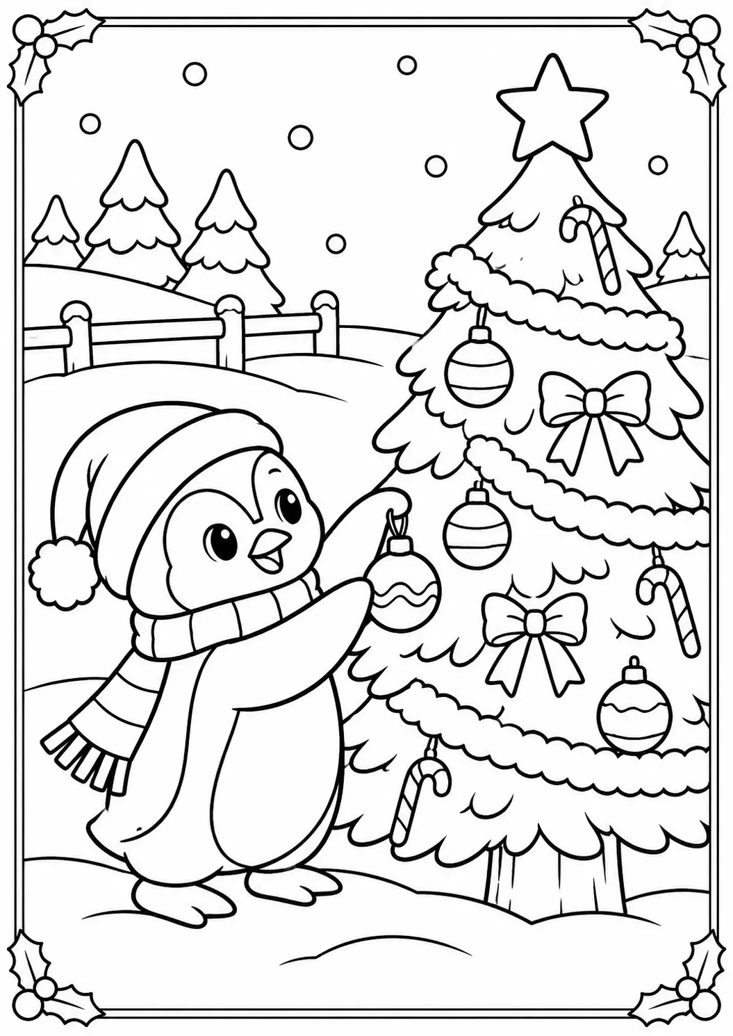 Penguin hanging an ornament on a decorated Christmas tree coloring page