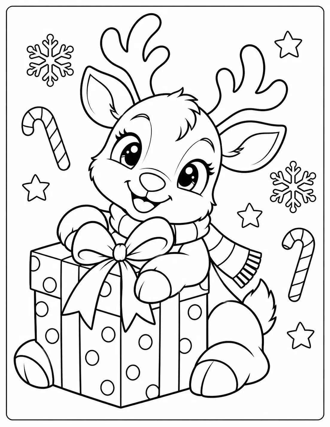 Cute reindeer hugging a wrapped Christmas gift coloring page