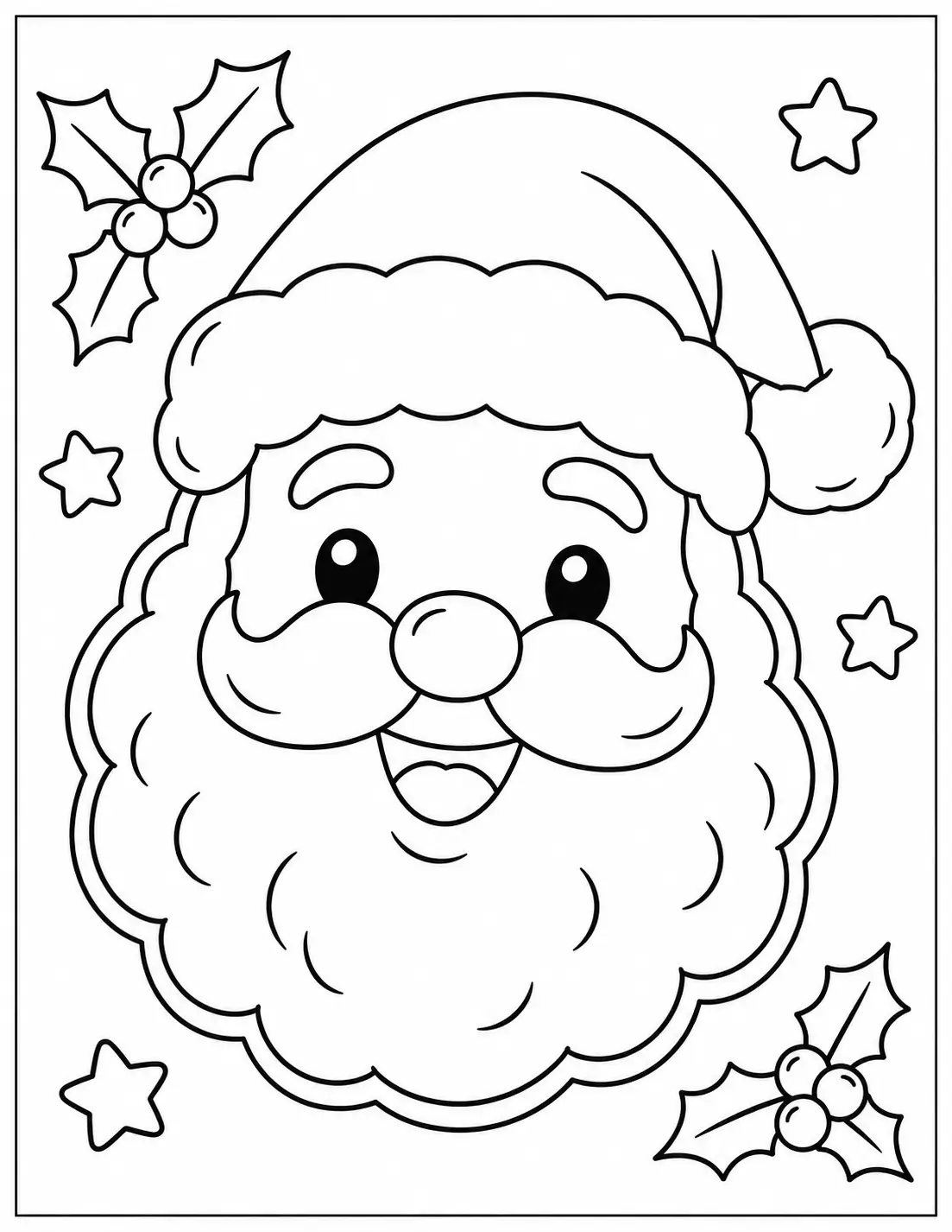 Santa Claus face cookie with a Christmas hat and fluffy beard coloring page