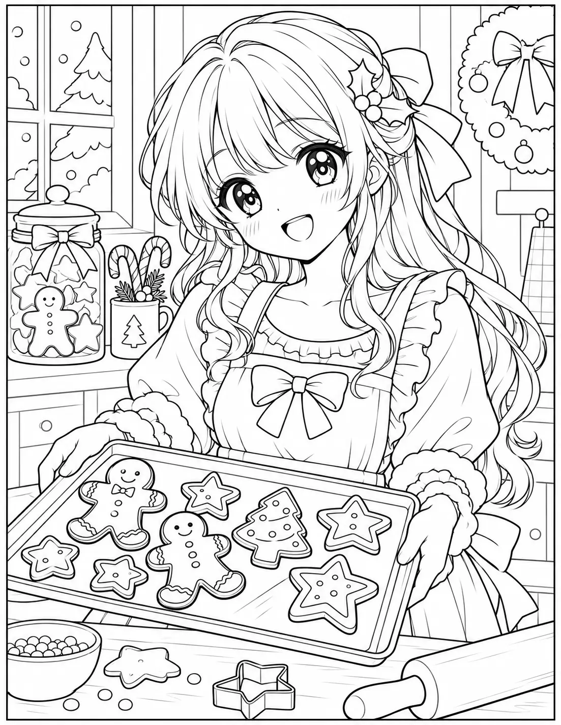 Anime girl holding a tray of Christmas cookies in a kitchen coloring page