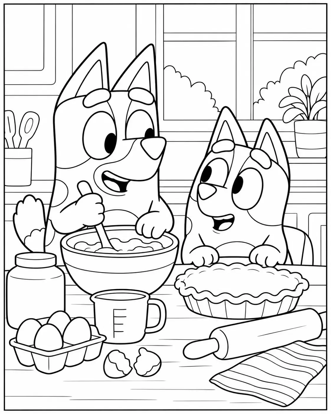 Bluey and Bingo baking a pie coloring page