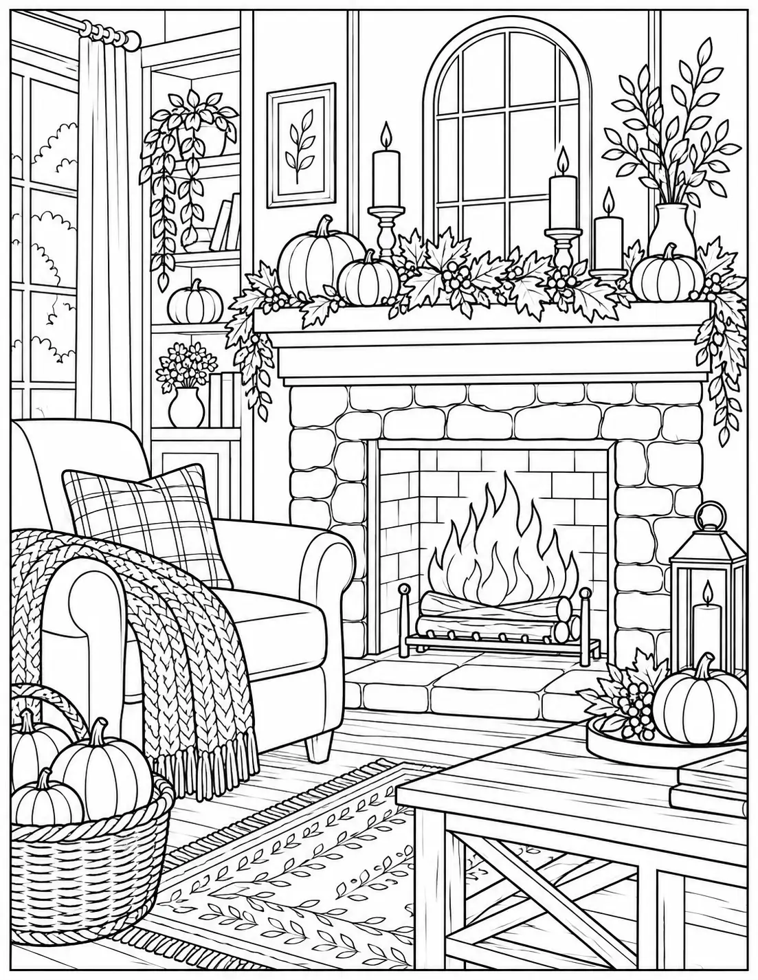 Cozy Thanksgiving fireplace adult coloring page