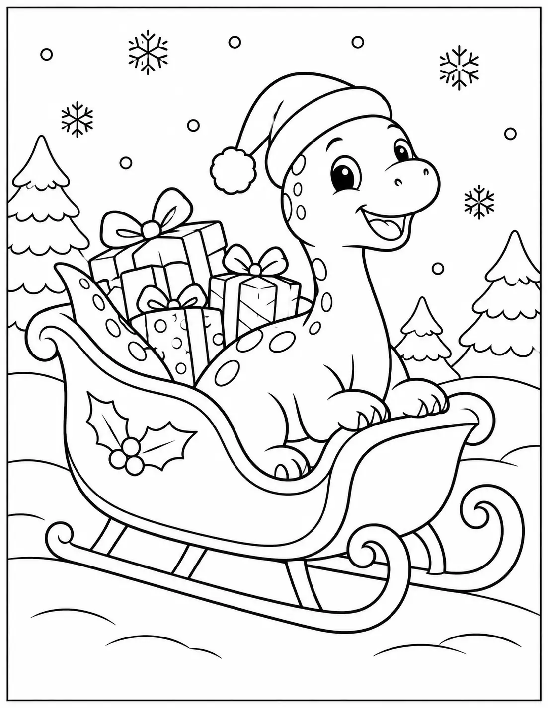 Happy dinosaur riding a Christmas sleigh filled with wrapped gifts coloring page