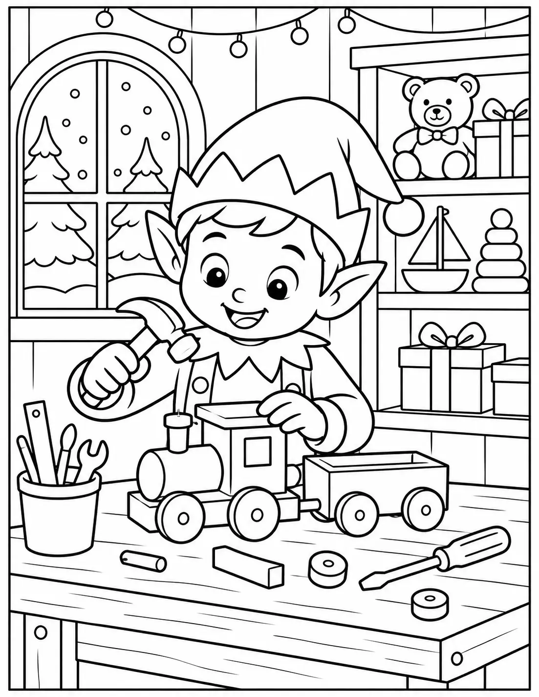Christmas elf building a toy train in Santa's workshop coloring page