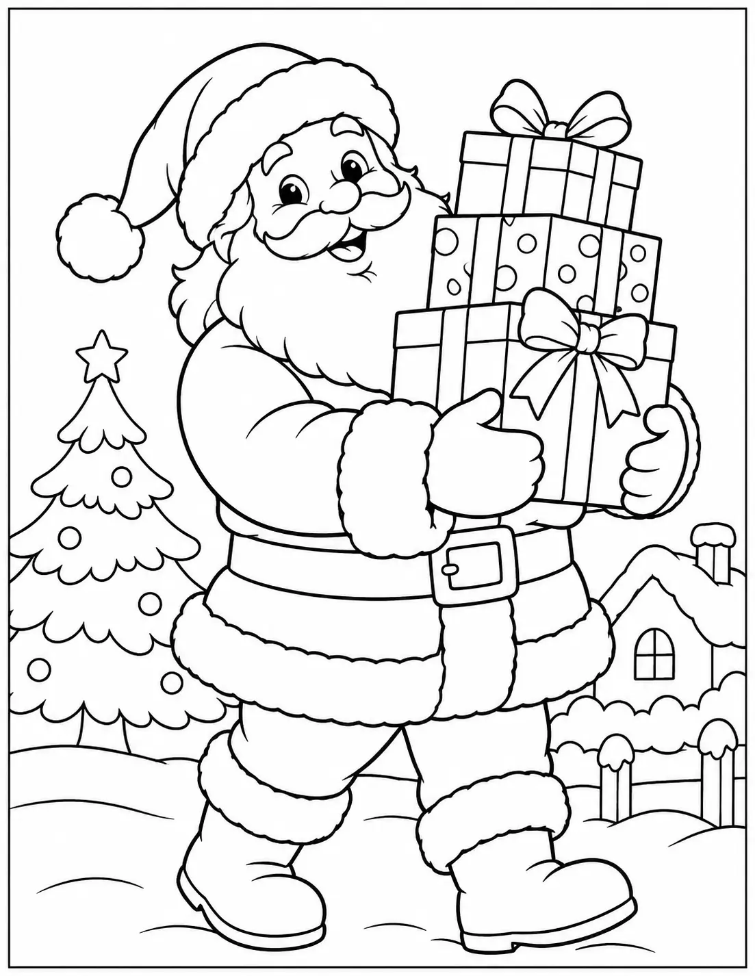 Santa Claus carrying a stack of wrapped Christmas presents coloring page